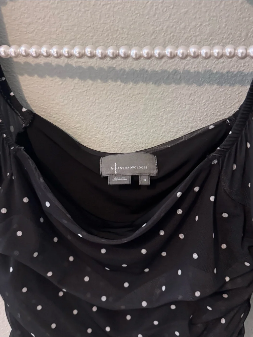 Anthropologie Black Polka Dot Cowl Neck Puff Sleeve Blouse